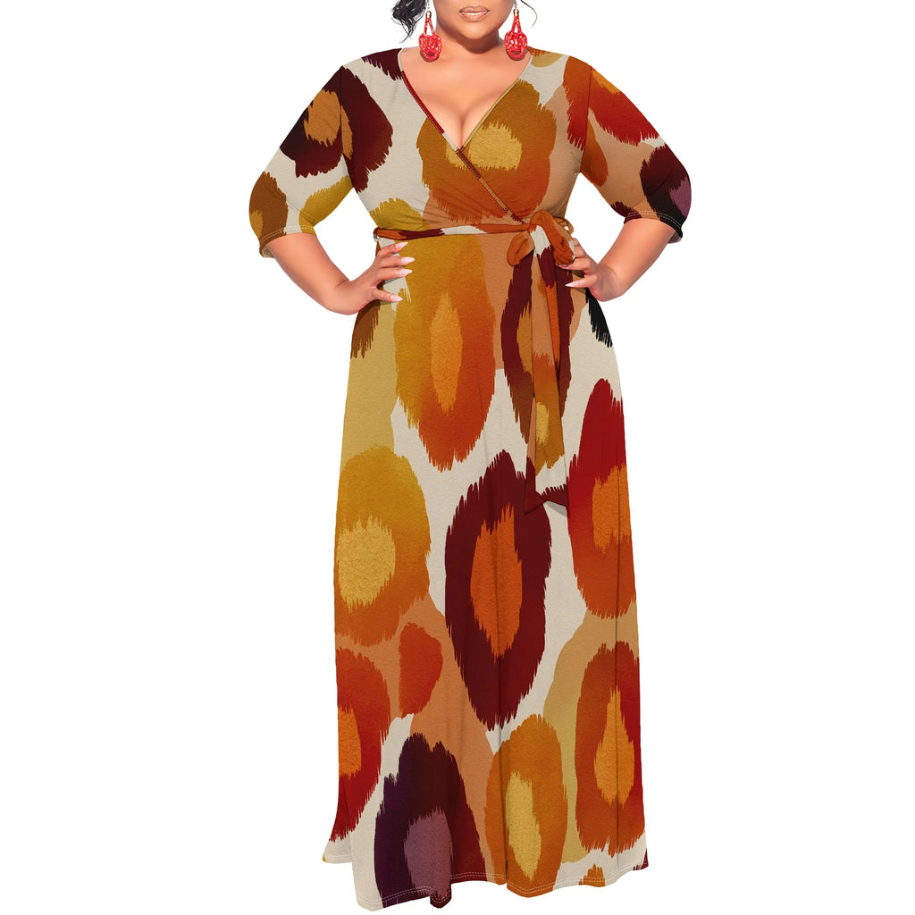 Robe longue portefeuille à imprimé abstrait pour femme, col en V, ceinturée, grande taille XL-6XL, robe chic décontractée pour l'automne et l'hiver