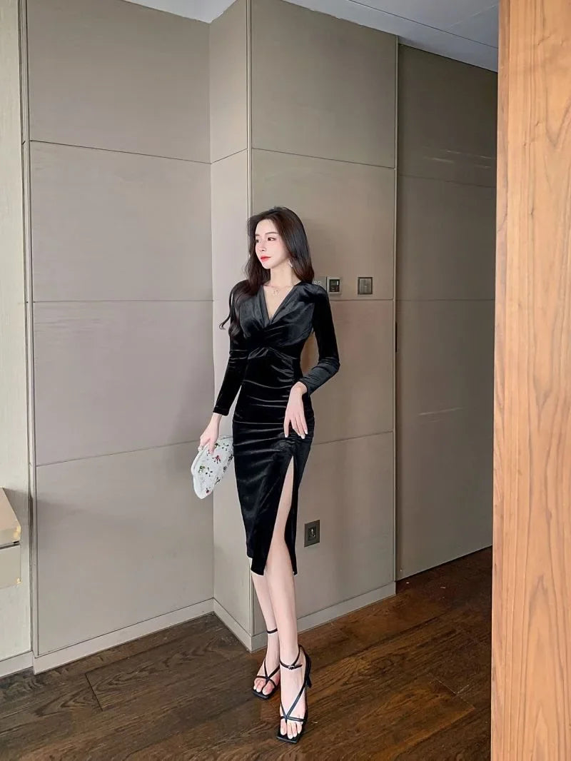 Grande taille sexy longue robe amincissante fente haute personnalité élégante nouveau 2025 tendance de la mode dame légère maturité style moulante...