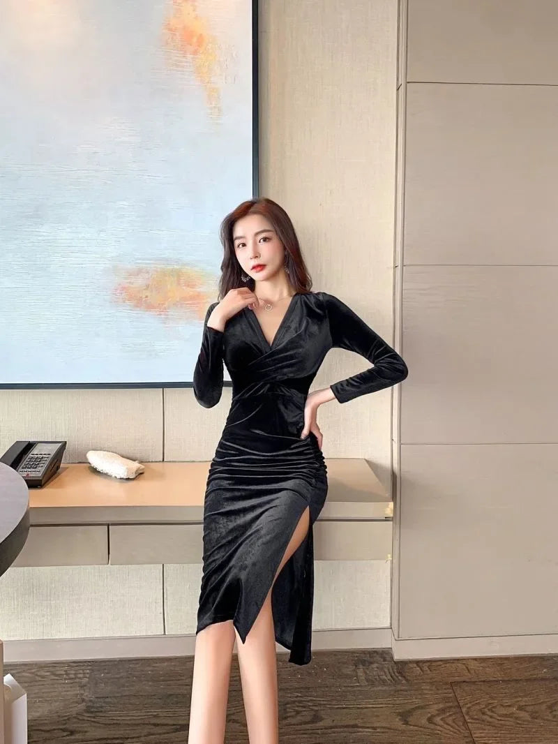 Grande taille sexy longue robe amincissante fente haute personnalité élégante nouveau 2025 tendance de la mode dame légère maturité style moulante...