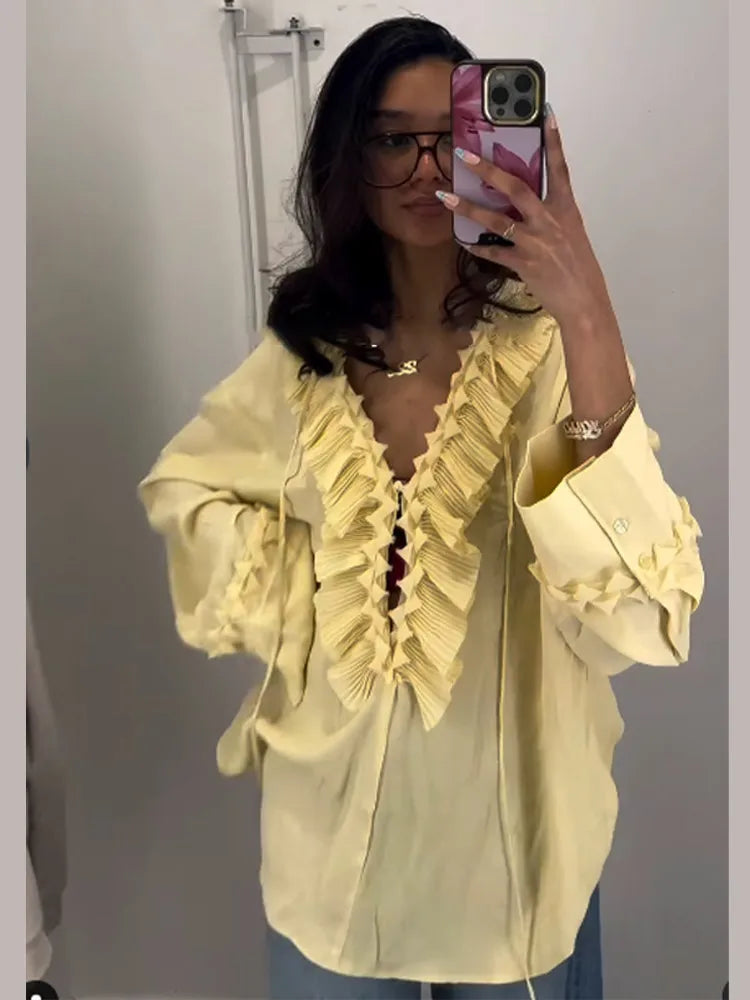 Chemise en mousseline de soie à volants pour femmes, manches longues, décontractée
