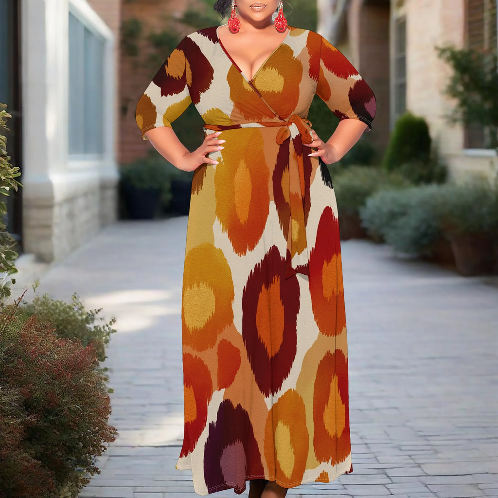 Robe longue portefeuille à imprimé abstrait pour femme, col en V, ceinturée, grande taille XL-6XL, robe chic décontractée pour l'automne et l'hiver
