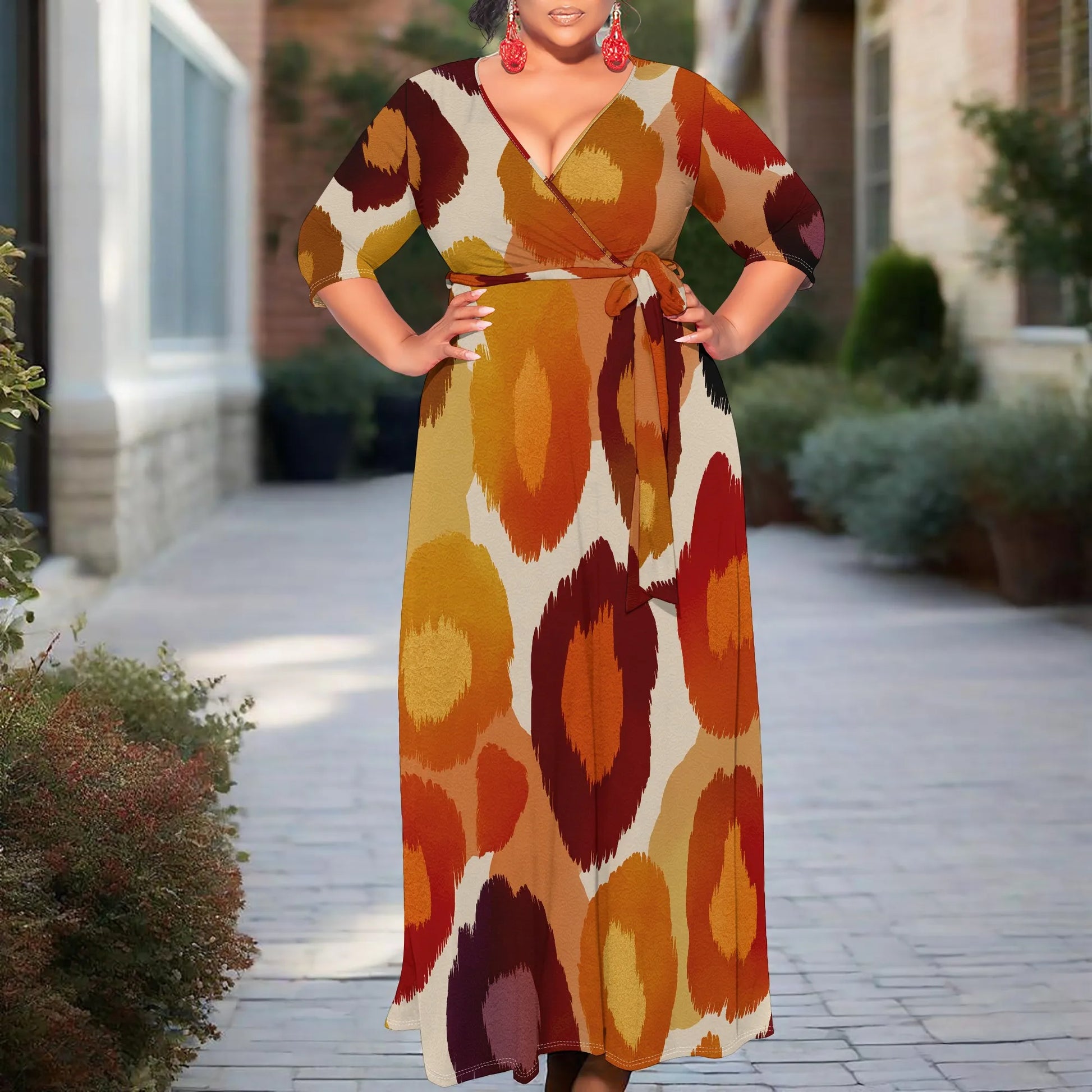 Robe longue portefeuille à imprimé abstrait pour femme, col en V, ceinturée, grande taille XL-6XL, robe chic décontractée pour l'automne et l'hiver