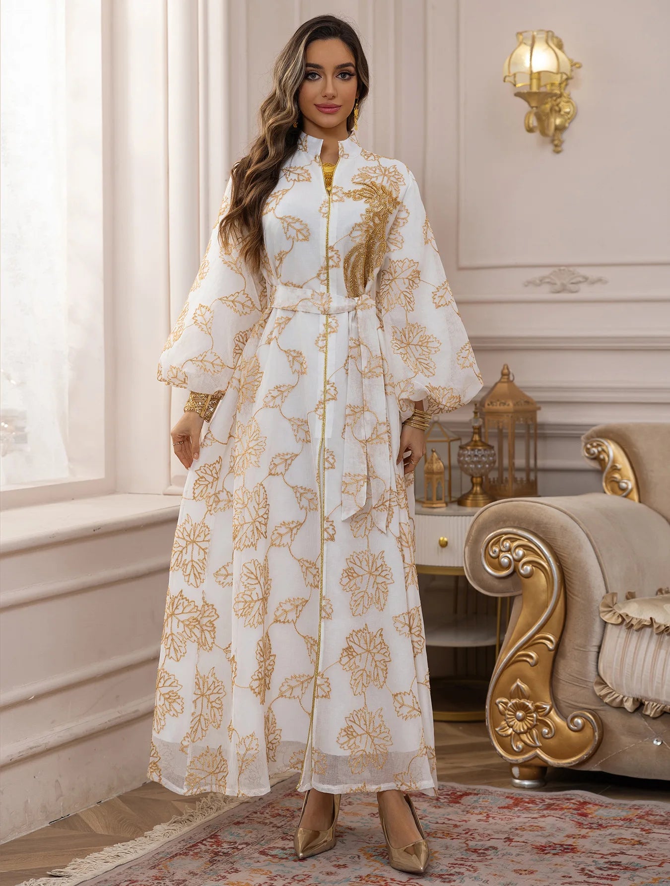 Abaya Or Floral Brodé Longue Robe Élégante
