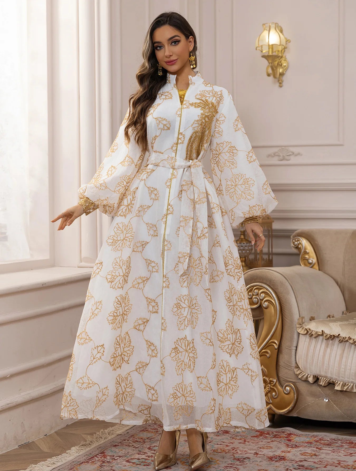 Abaya Or Floral Brodé Longue Robe Élégante