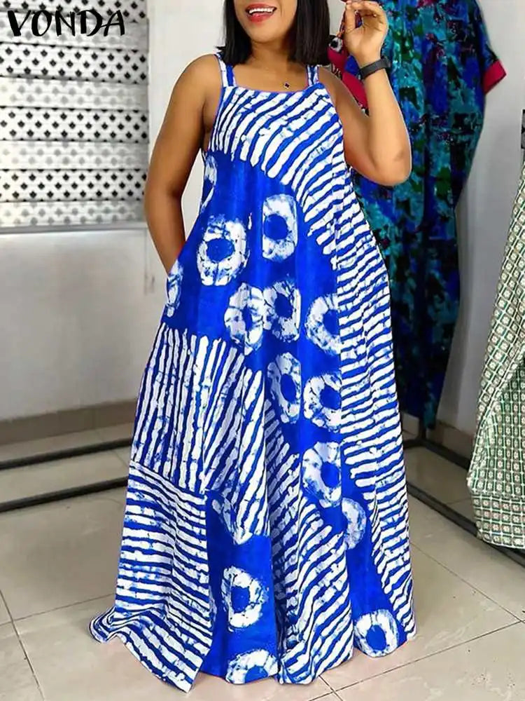 Grande taille 5XL VONDA bohème imprimé Robe Maxi 2025 été sans manches fête plage Robe d'été réservoir longue Robe décontracté Robe ample