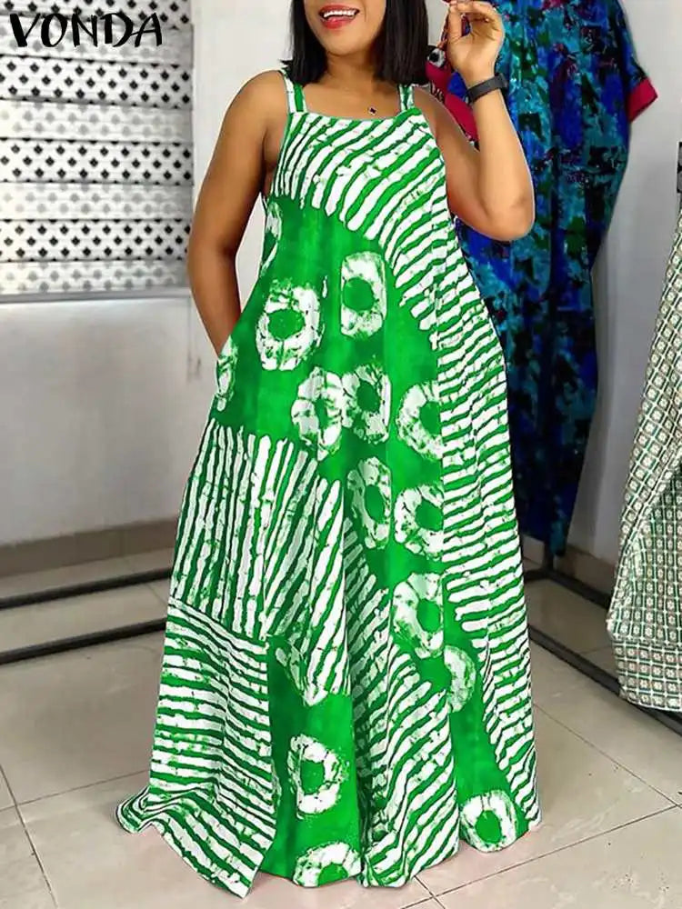 Grande taille 5XL VONDA bohème imprimé Robe Maxi 2025 été sans manches fête plage Robe d'été réservoir longue Robe décontracté Robe ample