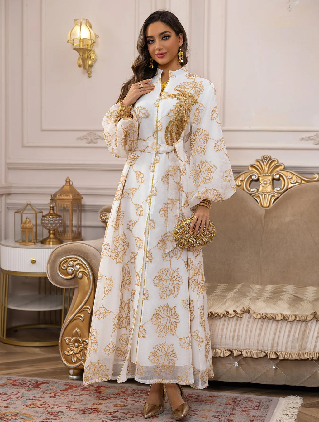 Abaya Or Floral Brodé Longue Robe Élégante