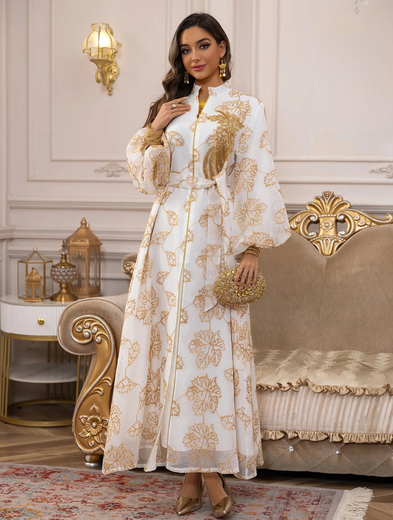 Abaya Or Floral Brodé Longue Robe Élégante