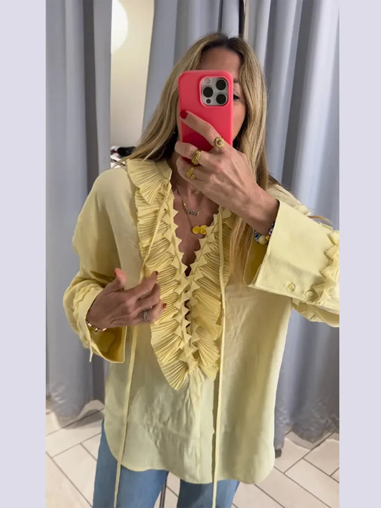 Chemise en mousseline de soie à volants pour femmes, manches longues, décontractée