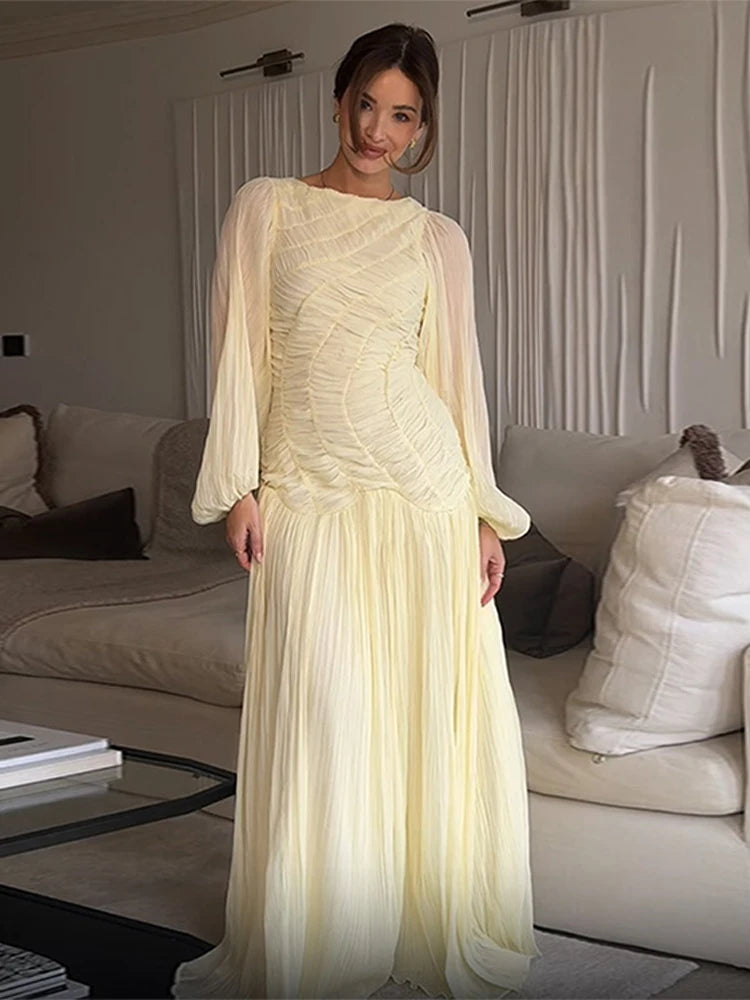 Robe longue plissée en mousseline de soie pour femme