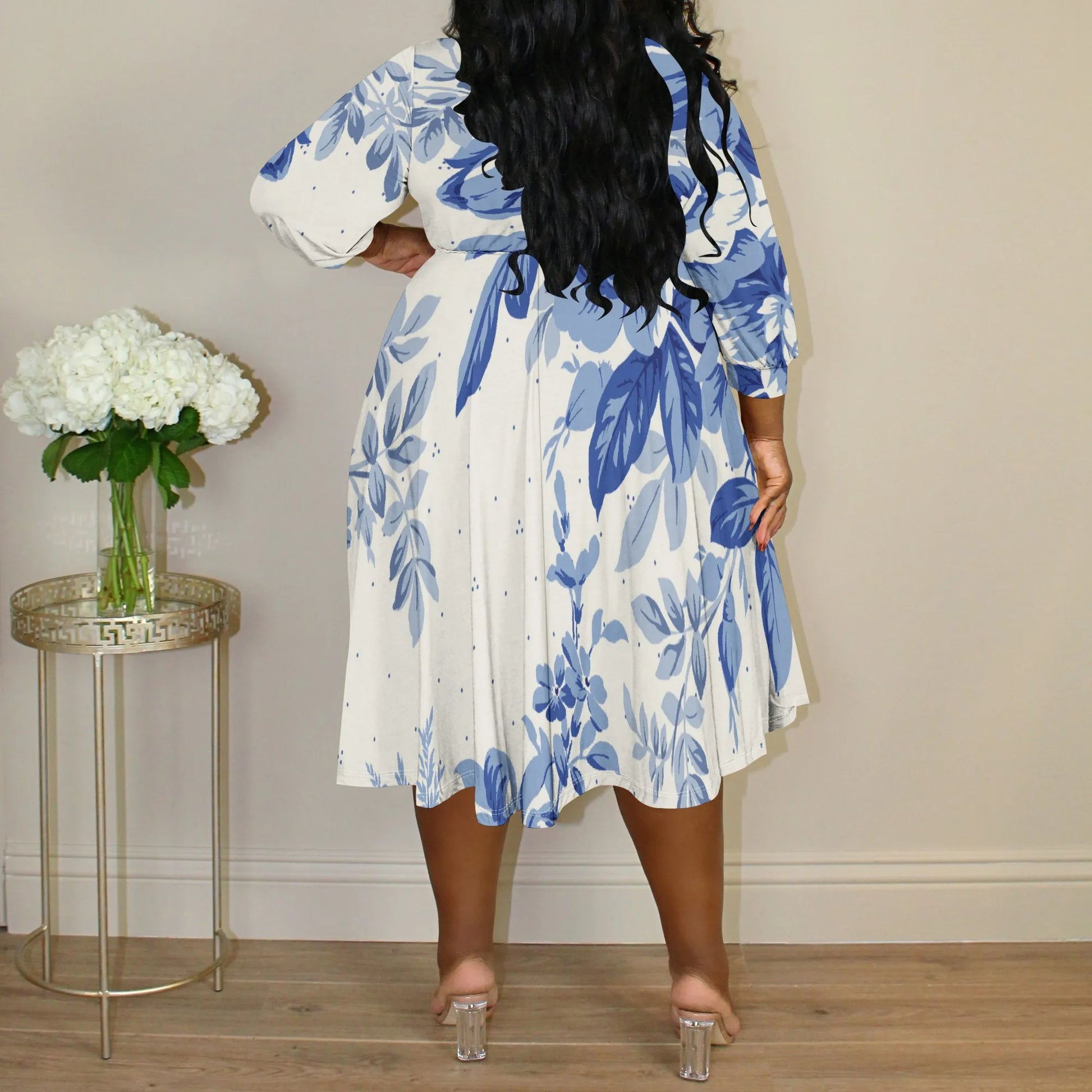 Robe mi-longue plissée à fleurs pour femmes, grande taille, bleu et blanc, col en v, manches 3/4, décontractée, printemps été, XL-6XL