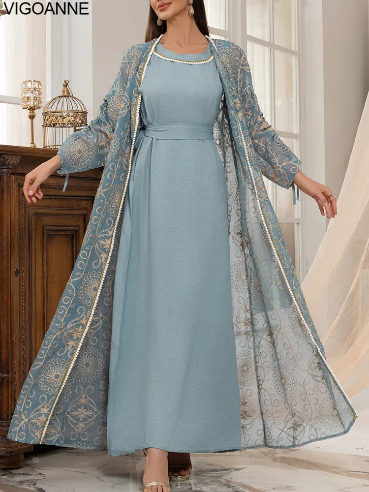 VigoAnne femmes 2025 robe musulmane ensemble moyen-orient deux pièces vêtements islamiques costume solide robe de prière col rond dame dubaï Abaya ensemble