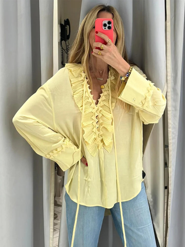 Chemise en mousseline de soie à volants pour femmes, manches longues, décontractée