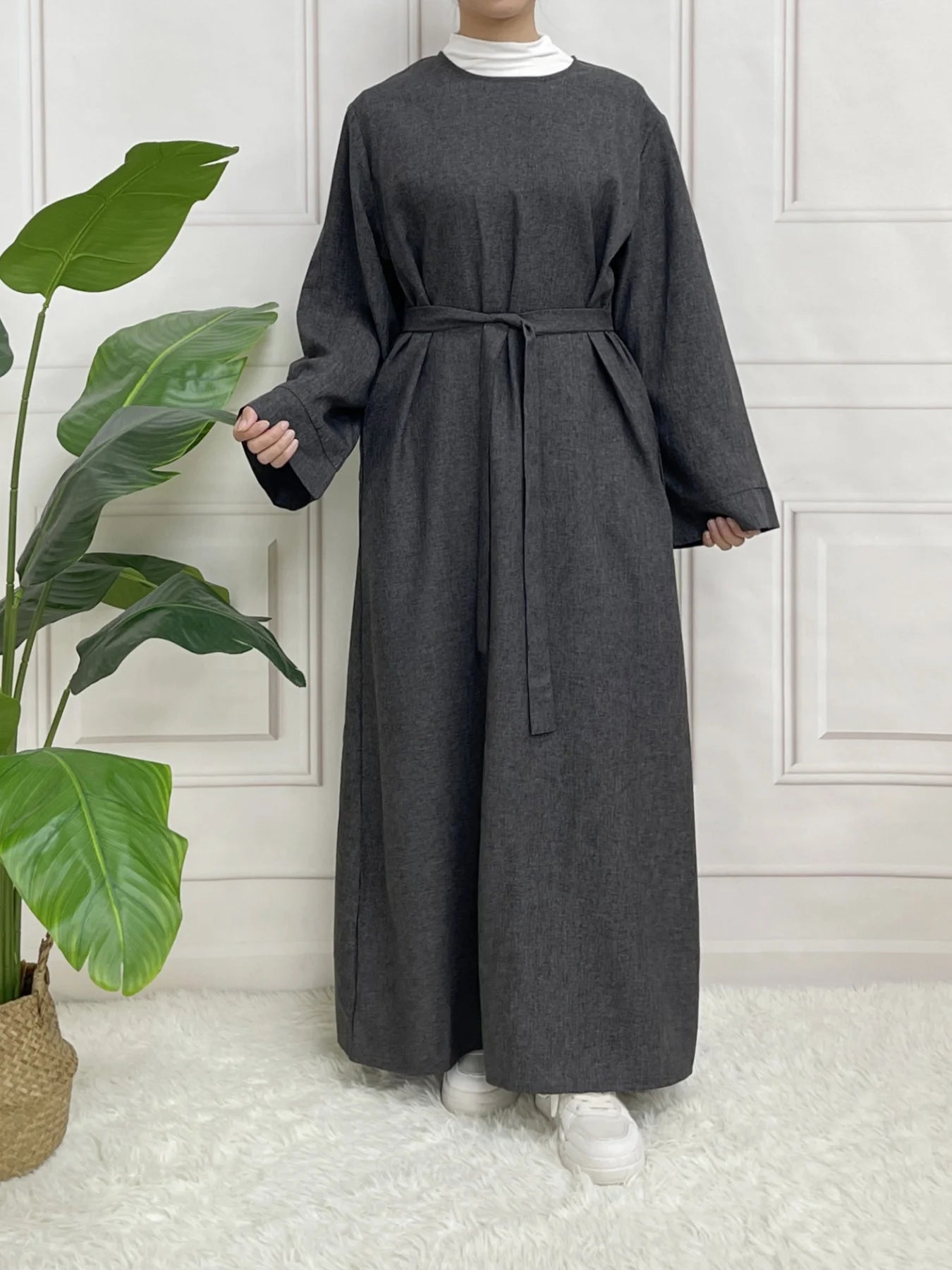 Abaya à manches longues et fermeture modeste, sans Hijab, avec ceinture, vêtements islamiques de base pour l'aïd