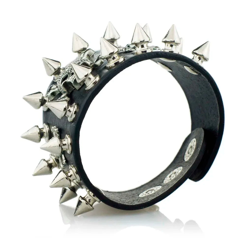 Bracelet en Cuir à Large Manchette, Modèle Unique Rock, Pointes, Rivet, Modules Gothiques, Squelette, Crâne, Punk, Biker, S059
