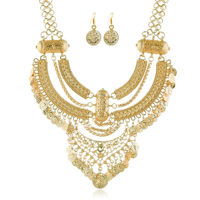 Ensembles de bijoux de collier ras du cou pour femmes, collier de déclaration bohème gitane ethnique, gland de pièce de monnaie, boucles d'oreilles pendantes de la présidence, mode