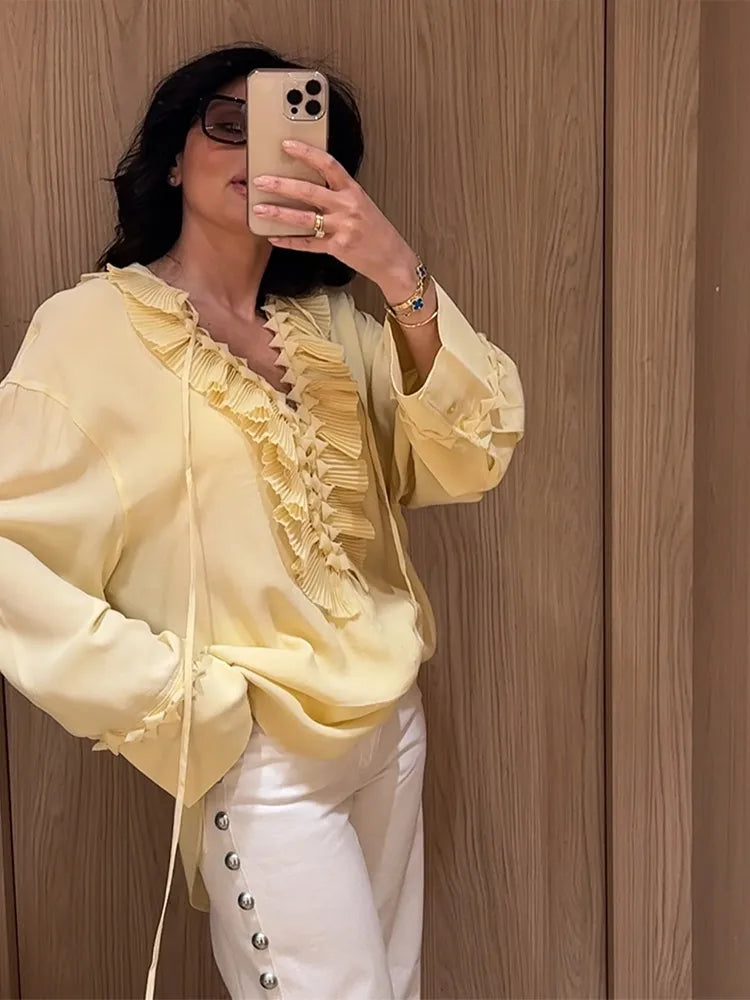 Chemise en mousseline de soie à volants pour femmes, manches longues, décontractée
