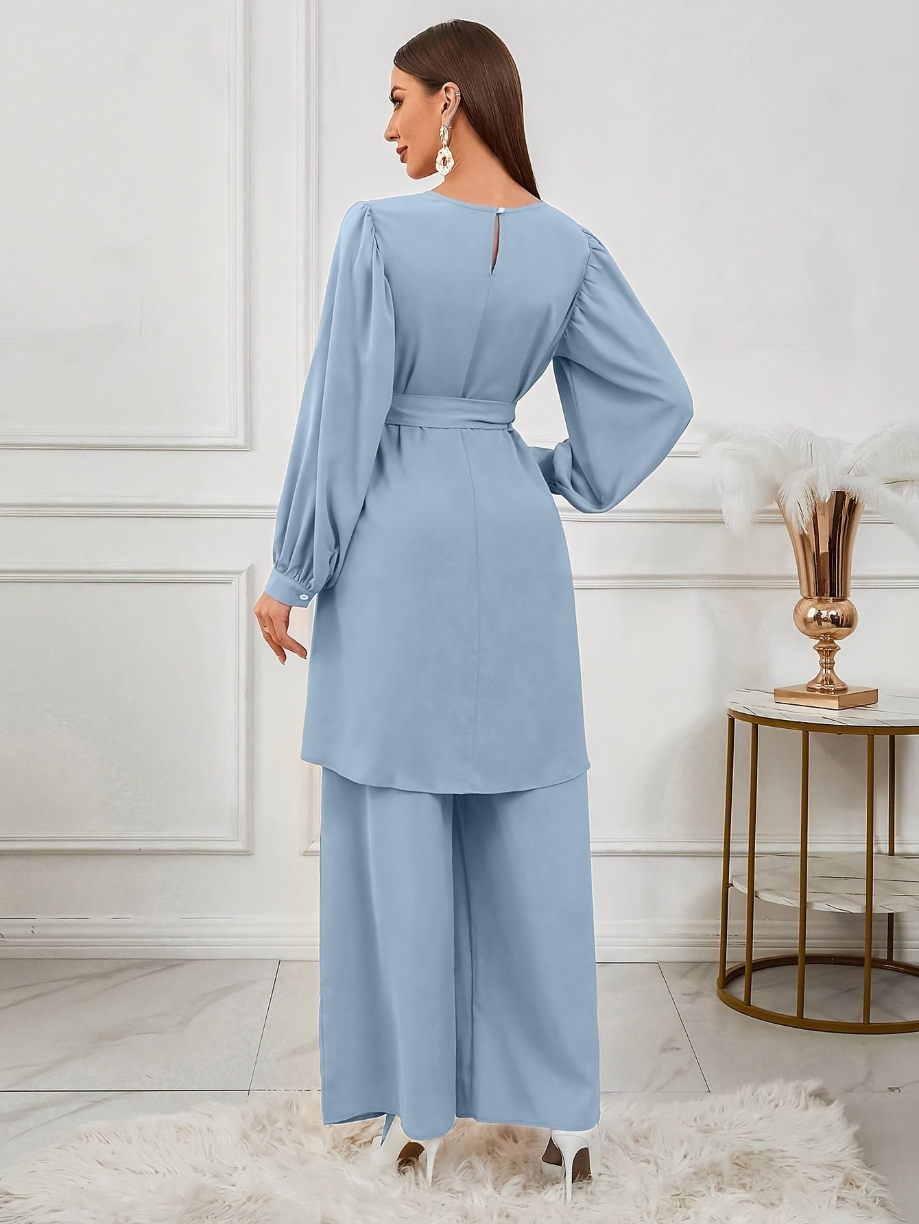Ensemble Haut Et Pantalon À Manches Ensemble Haut Et Pantalon À Manches Longues À Col Rond De Couleur Unie Pour Femmes
