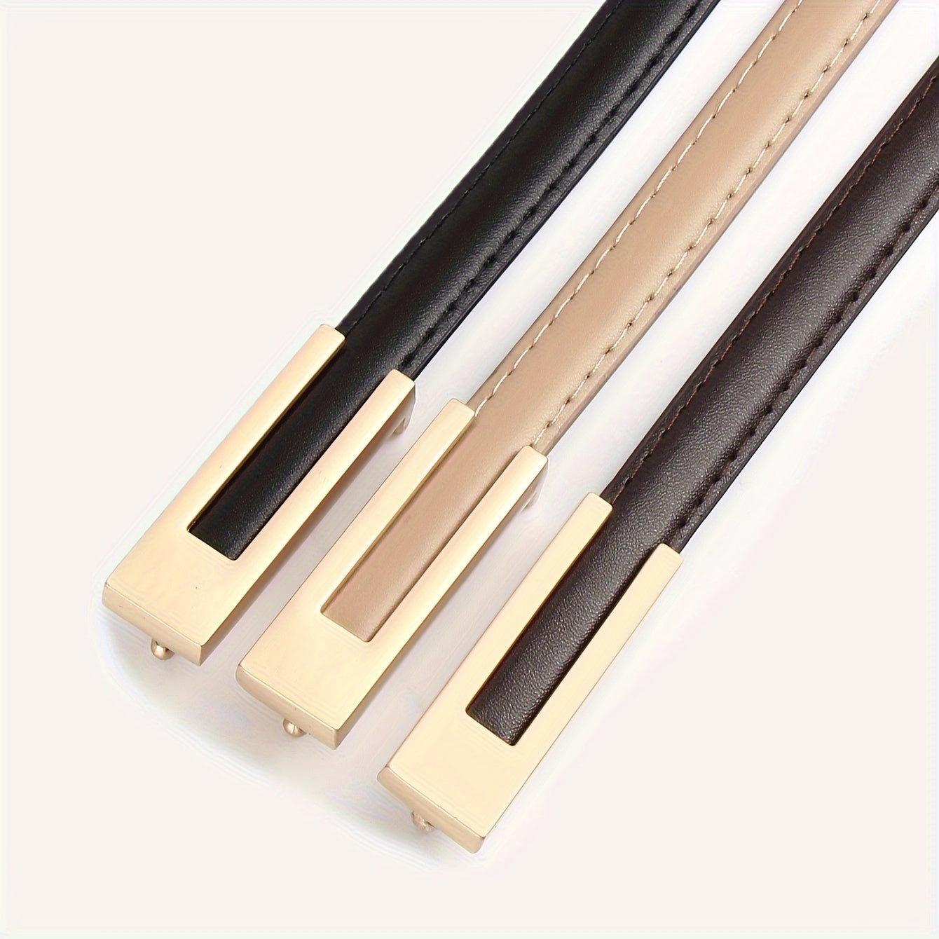 3 ceintures skinny en similicuir pour femmes avec boucles en métal - Noir, marron, beige