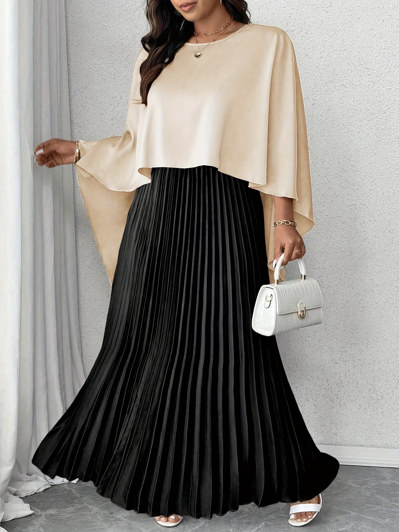 Large Size Women's Elegant Two-Piece Set, Suitable for Spring and Summer, Colorful Satin Shawl and Pleated Skirt, Fashionable and Slimming