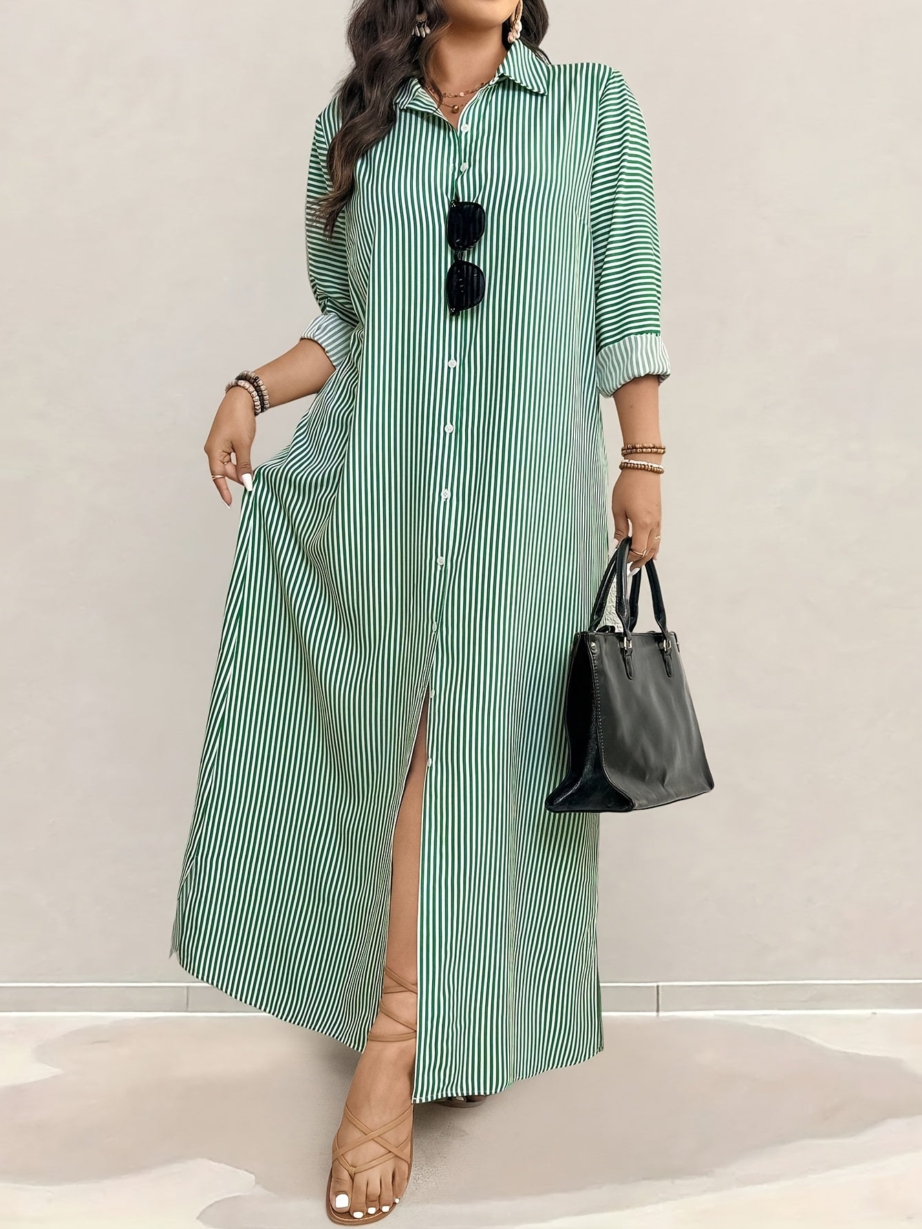 Grande taille - Robe chemise longue rayée élégante pour femmes grande taille
