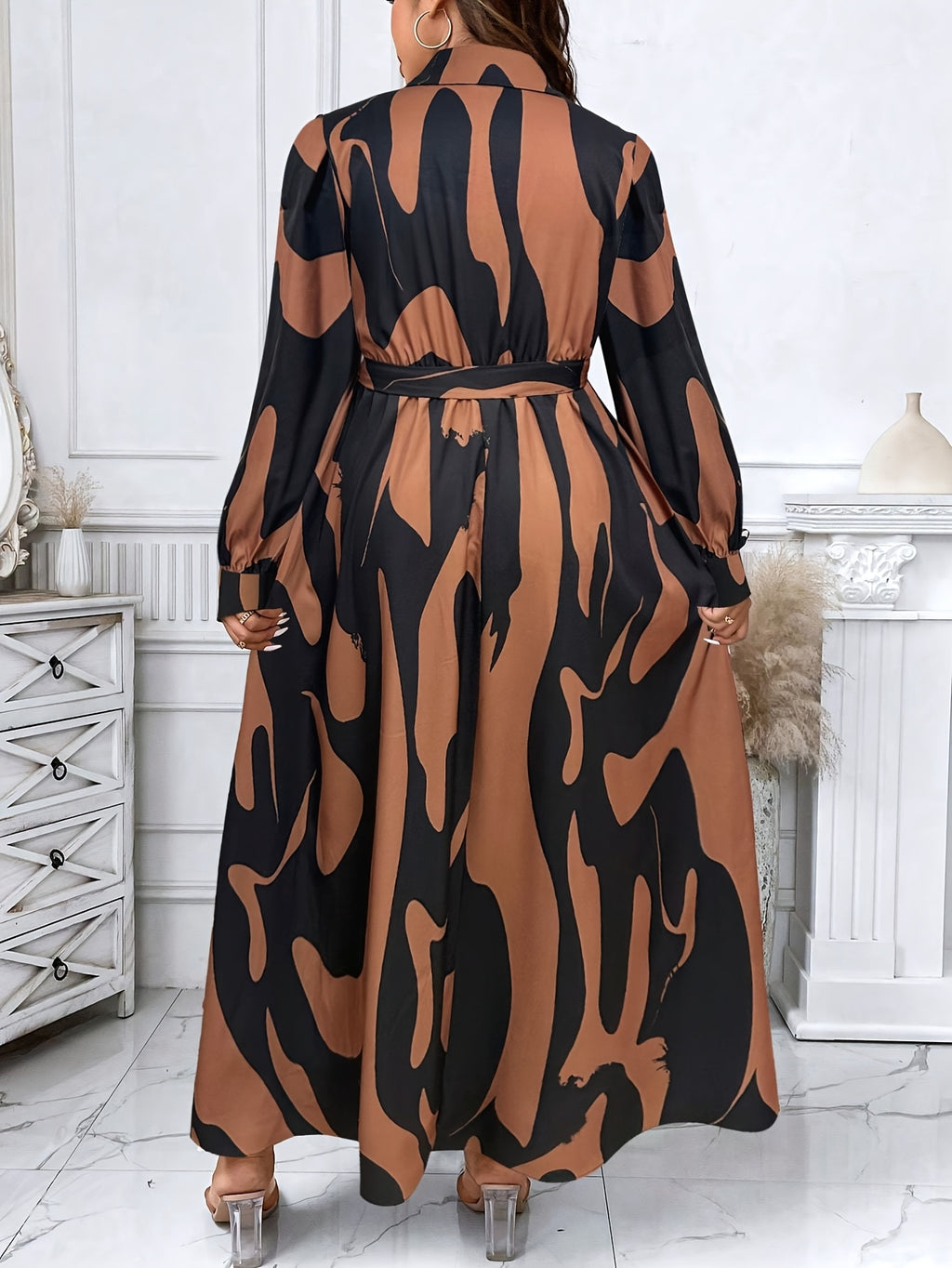 Robe chemise à manches longues pour femmes grande taille - Taille ceinturée