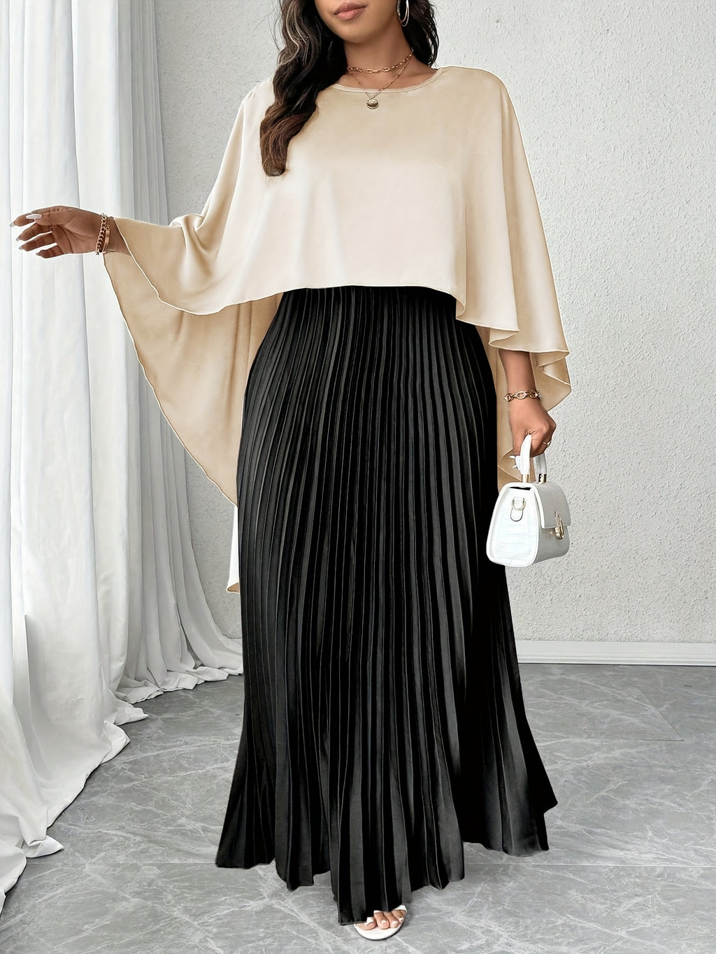 Ensemble deux pièces élégant pour femmes de grande taille, adapté au printemps et à l'été, châle en satin coloré et jupe plissée, à la mode et minceur