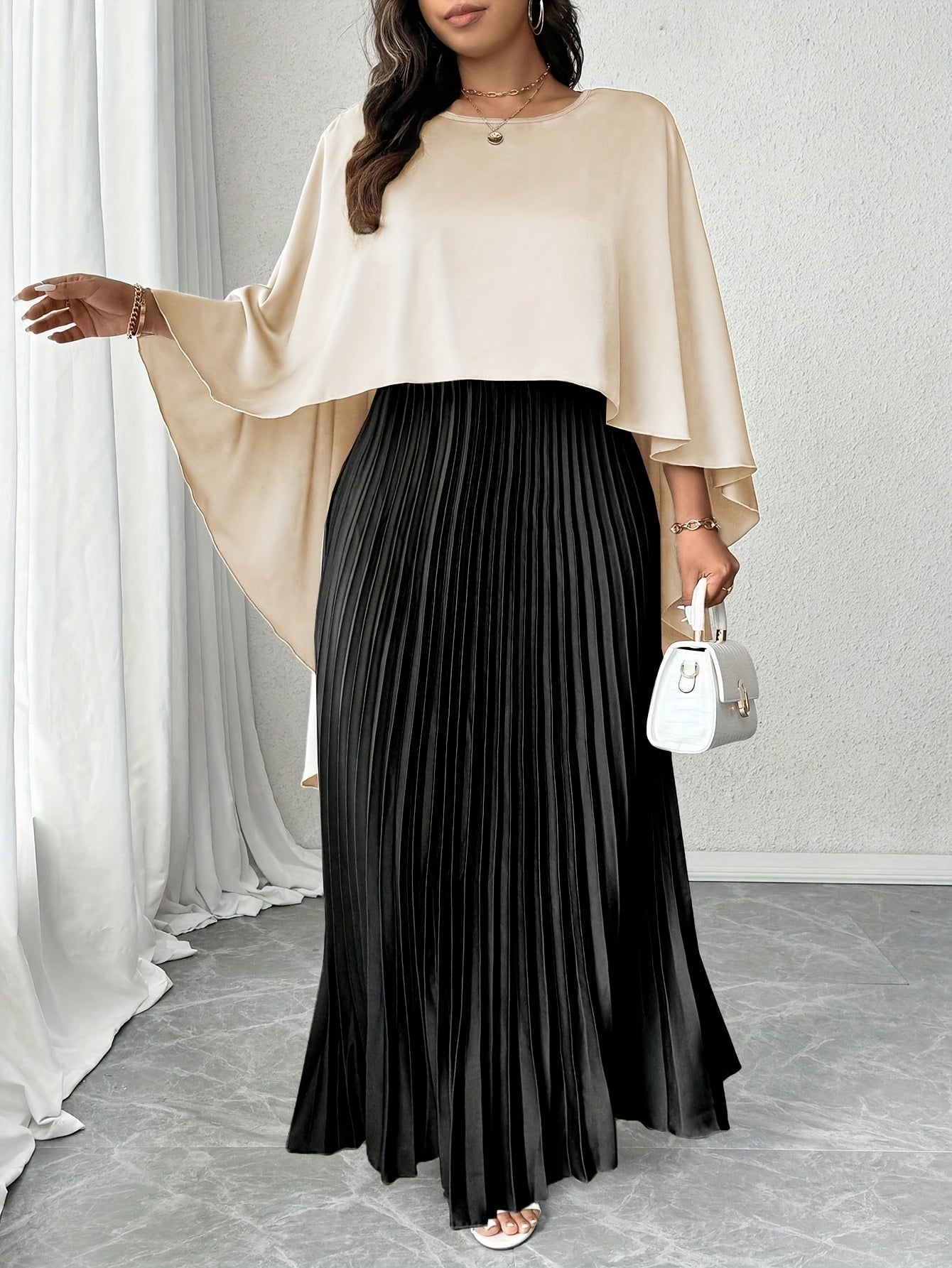 Ensemble deux pièces élégant pour femmes de grande taille, adapté au printemps et à l'été, châle en satin coloré et jupe plissée, à la mode et minceur