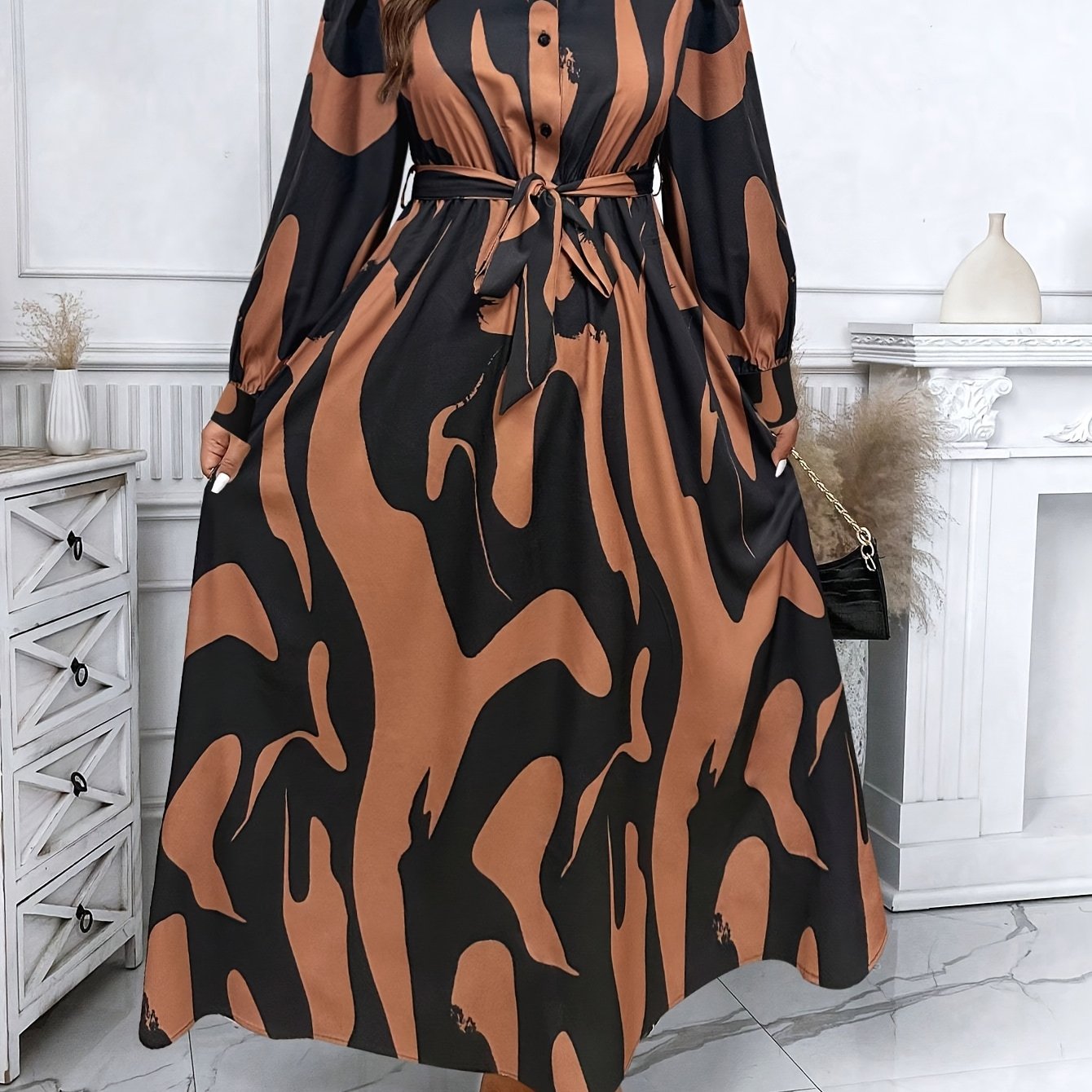 Robe chemise à manches longues pour femmes grande taille - Taille ceinturée