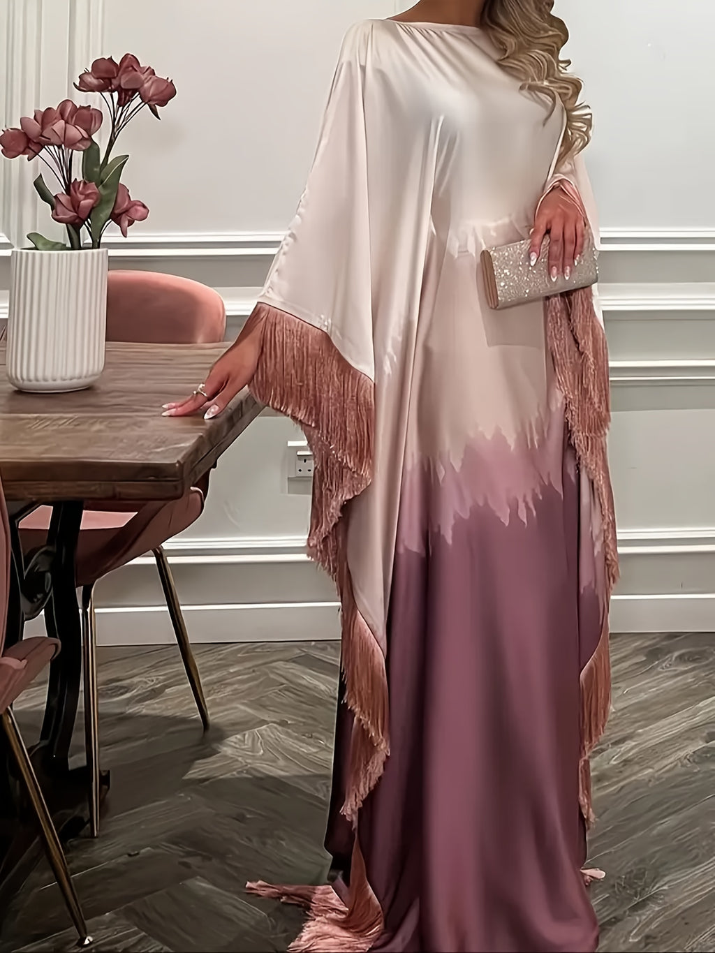 Robe longue ombre élégante rose dégradé à lavande pour femmes avec ourlet à pampilles irréguliers