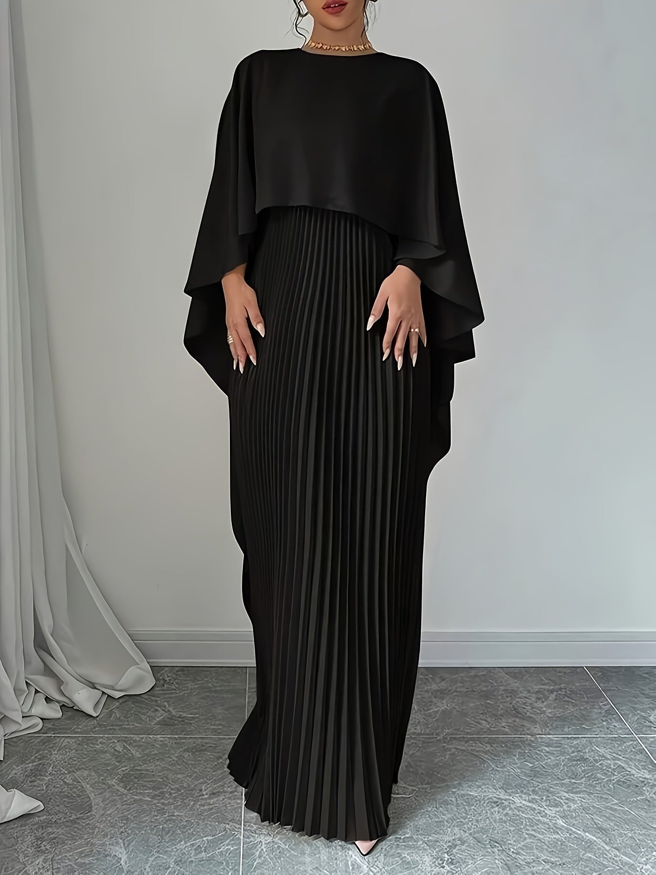 Stylish Women's Long Pleated Cape Dress with Cardigan Set