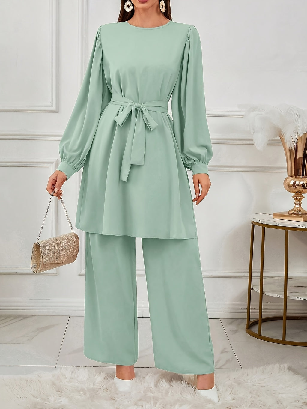 Ensemble Haut Et Pantalon À Manches Ensemble Haut Et Pantalon À Manches Longues À Col Rond De Couleur Unie Pour Femmes