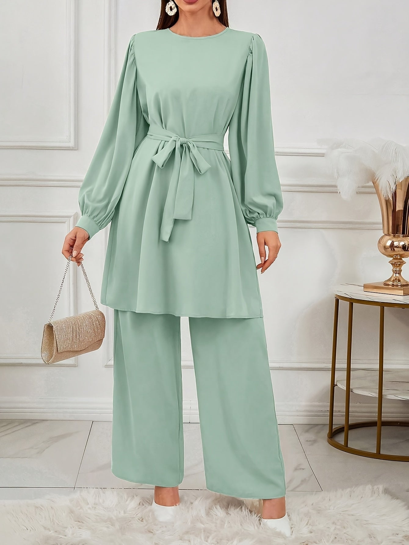 Ensemble Haut Et Pantalon À Manches Ensemble Haut Et Pantalon À Manches Longues À Col Rond De Couleur Unie Pour Femmes