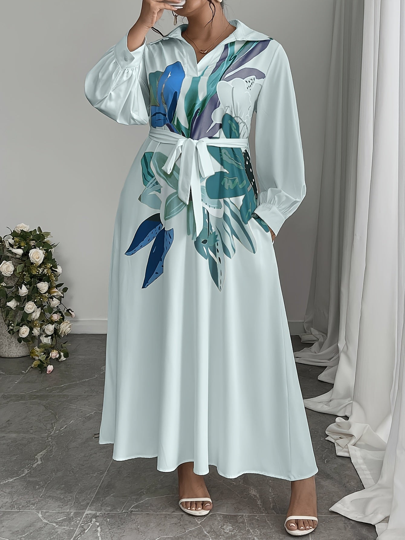 Plus Size, Plus Size Women's Elegant Floral Pattern Loose Side Pocket Maxi Dress, Spring/Autumn Long Length