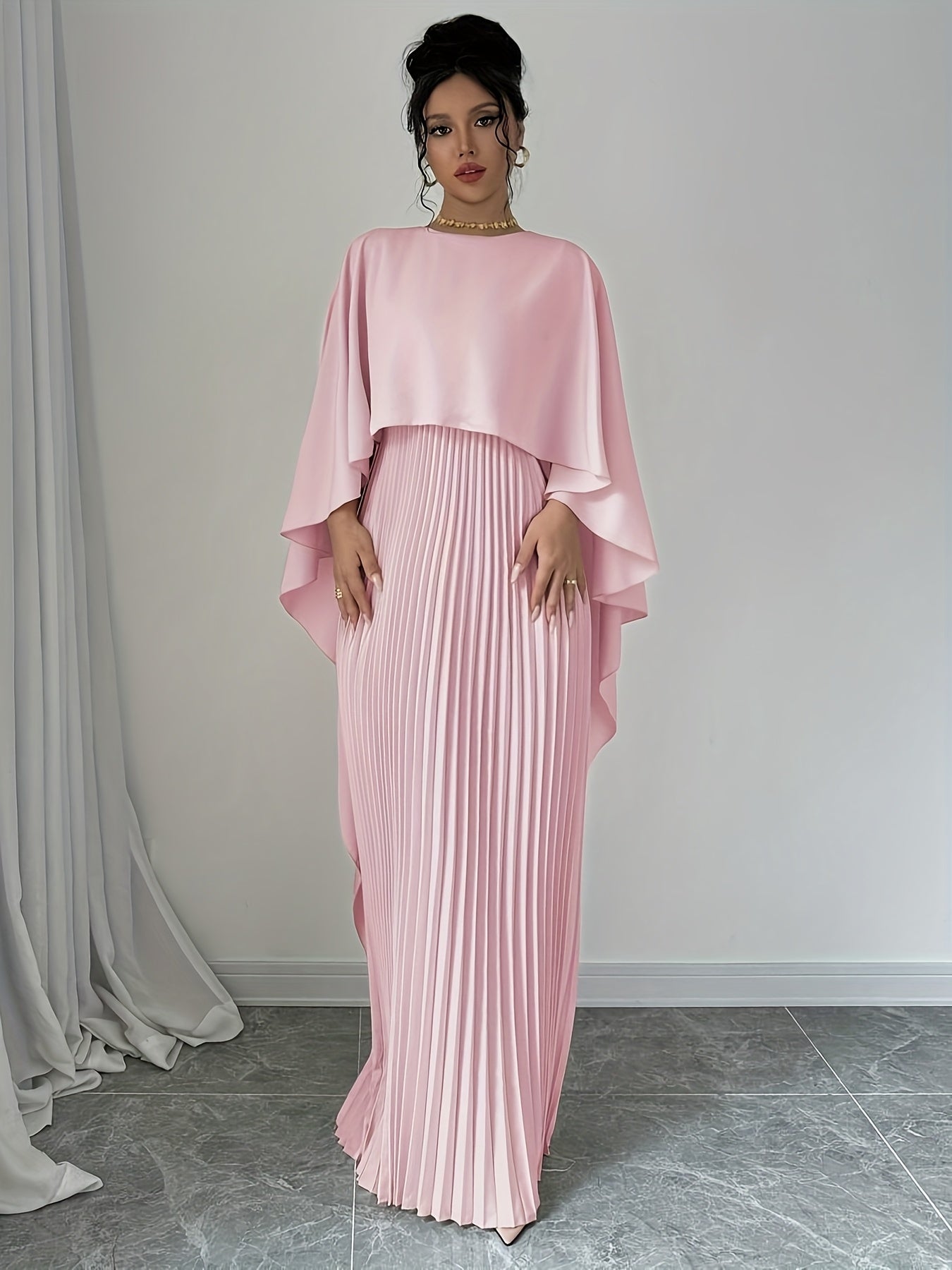 Stylish Women's Long Pleated Cape Dress with Cardigan Set