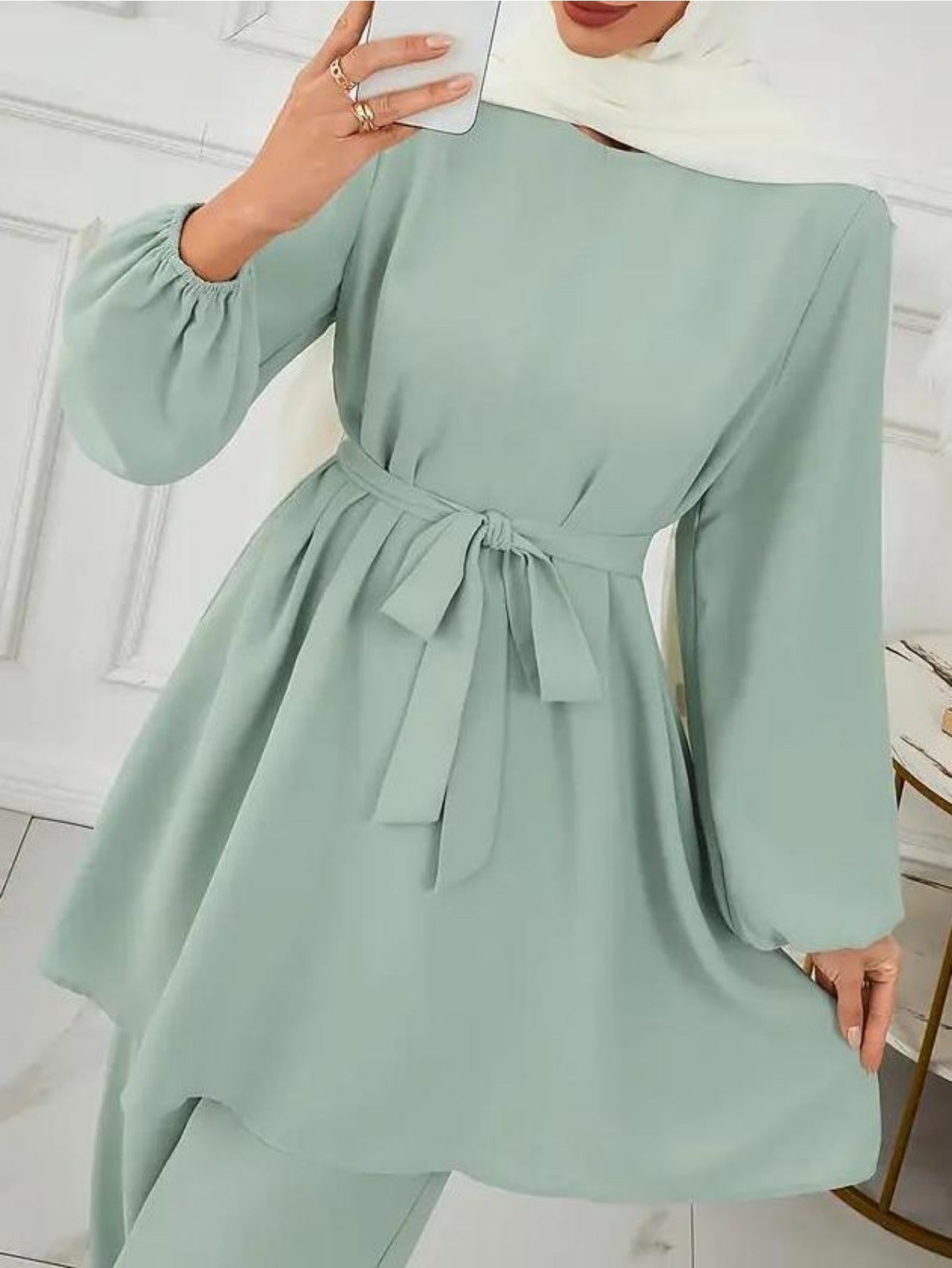 Grande taille, ensemble Abaya vert clair élégant pour femmes