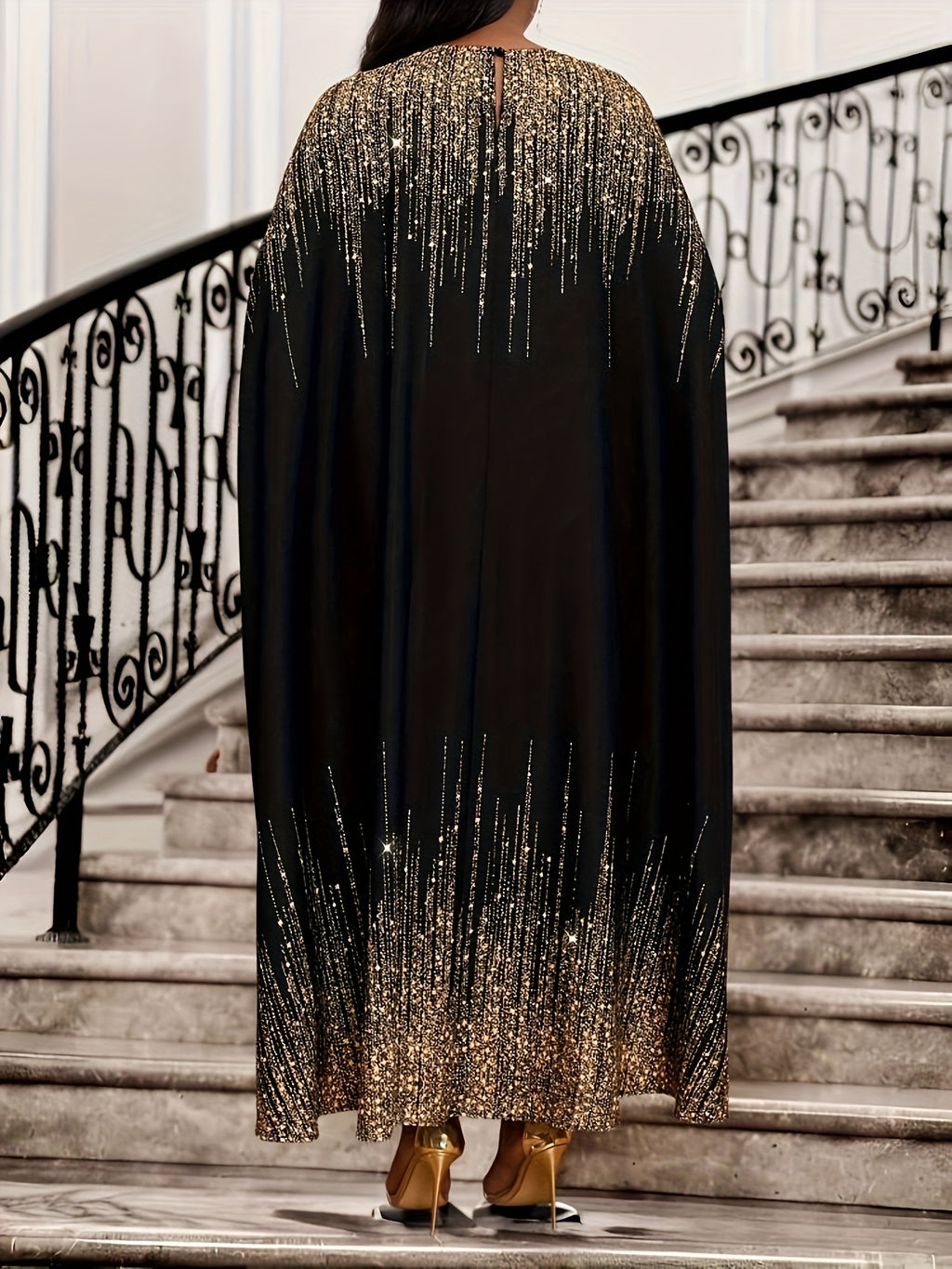 Grande taille - Élégante robe cape noire grande taille avec embellissements dorés