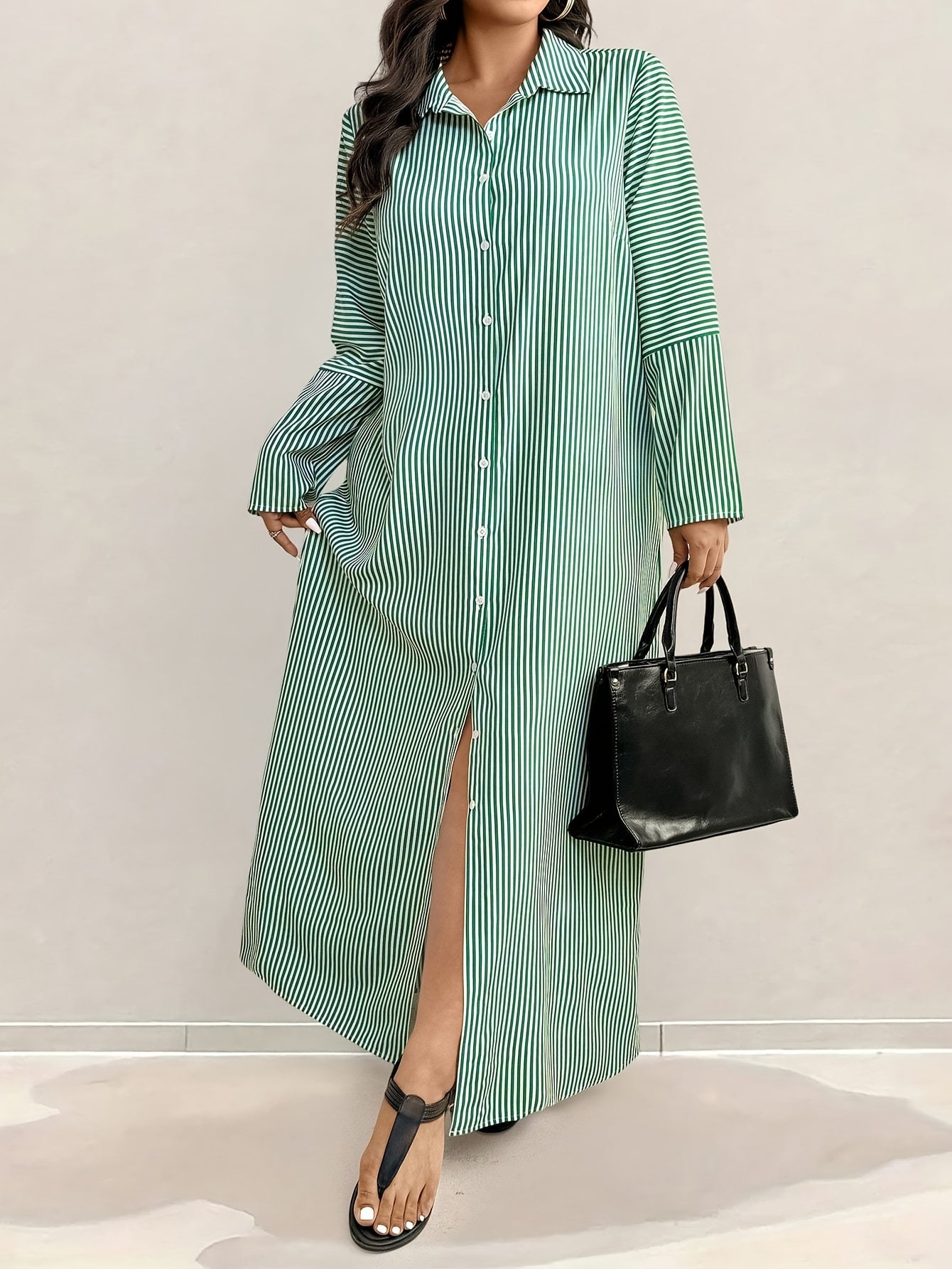 Grande taille - Robe chemise longue rayée élégante pour femmes grande taille