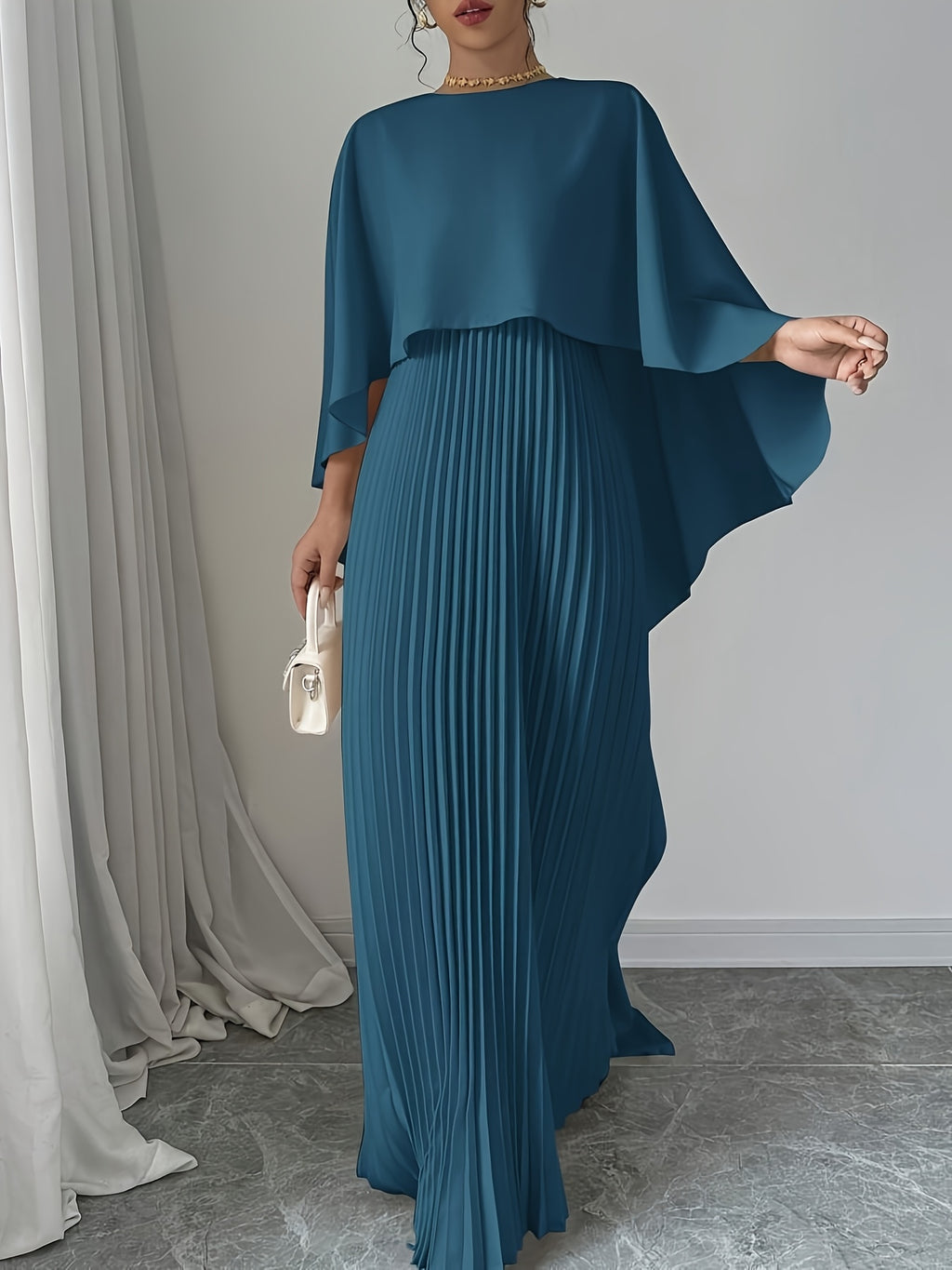 Stylish Women's Long Pleated Cape Dress with Cardigan Set