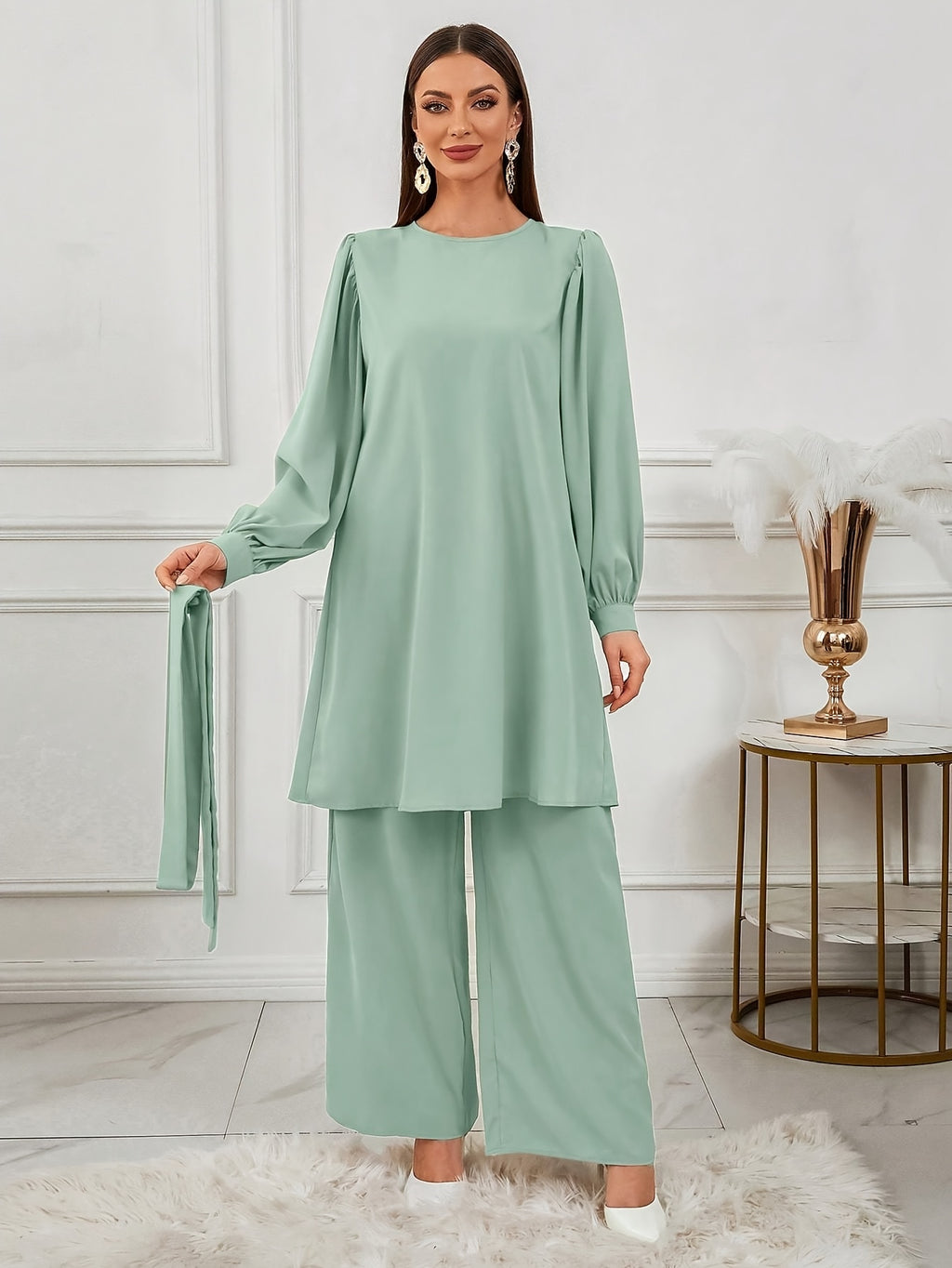 Ensemble Haut Et Pantalon À Manches Ensemble Haut Et Pantalon À Manches Longues À Col Rond De Couleur Unie Pour Femmes