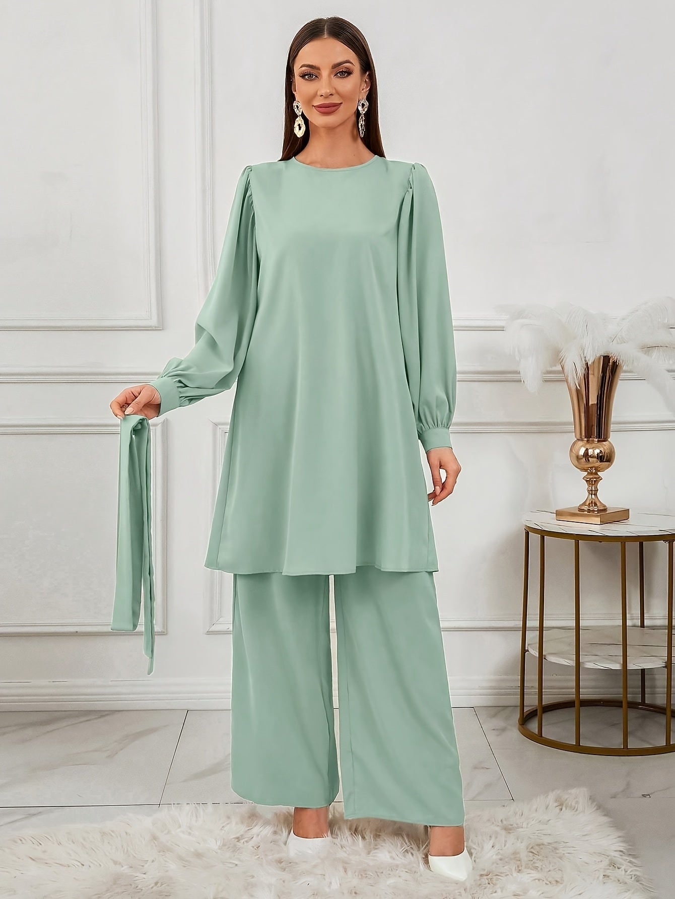 Ensemble Haut Et Pantalon À Manches Ensemble Haut Et Pantalon À Manches Longues À Col Rond De Couleur Unie Pour Femmes