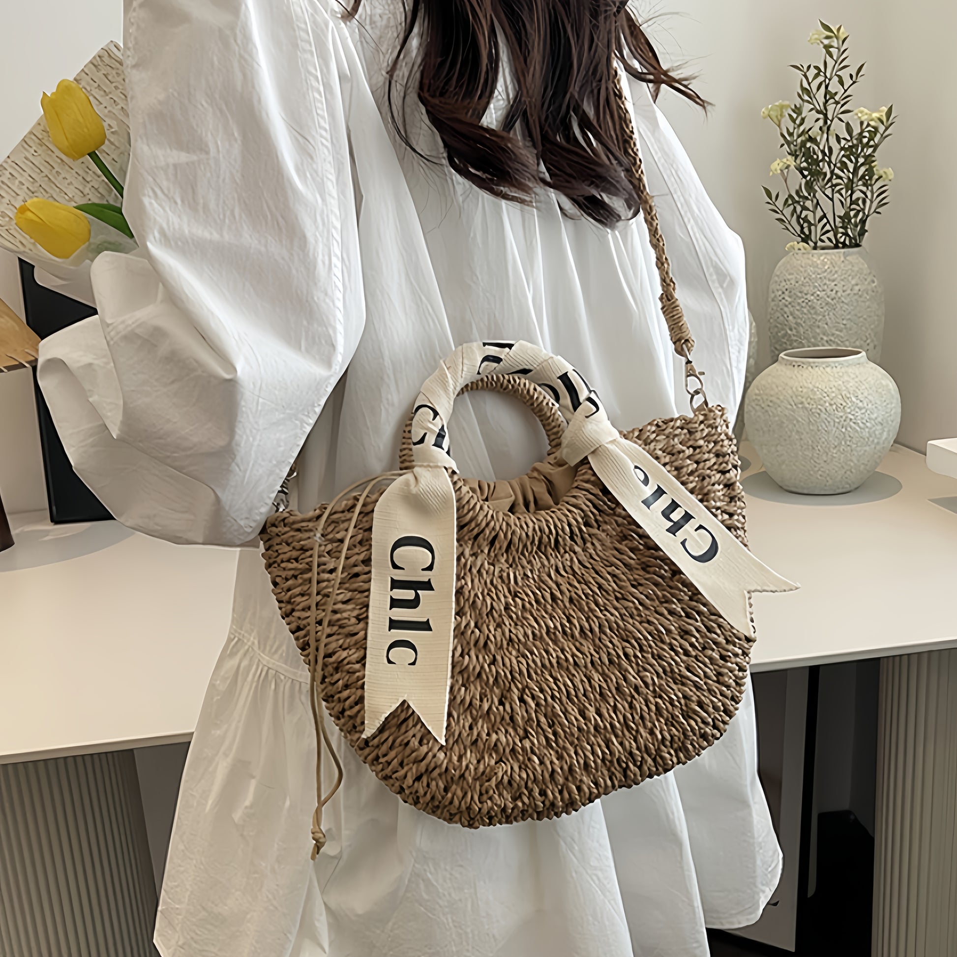 KEAPLAYEE Sac fourre-tout d'été élégant en paille pour femmes