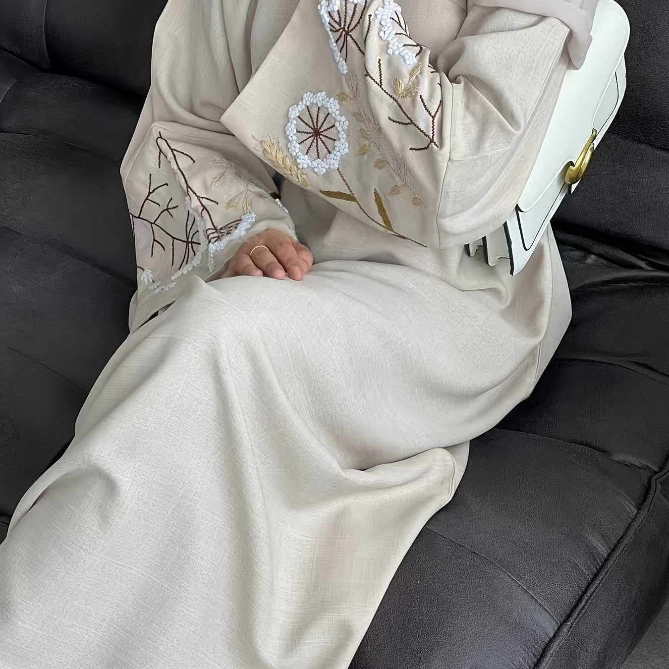 Elegant Long-Sleeve Abaya with Floral Embroidery