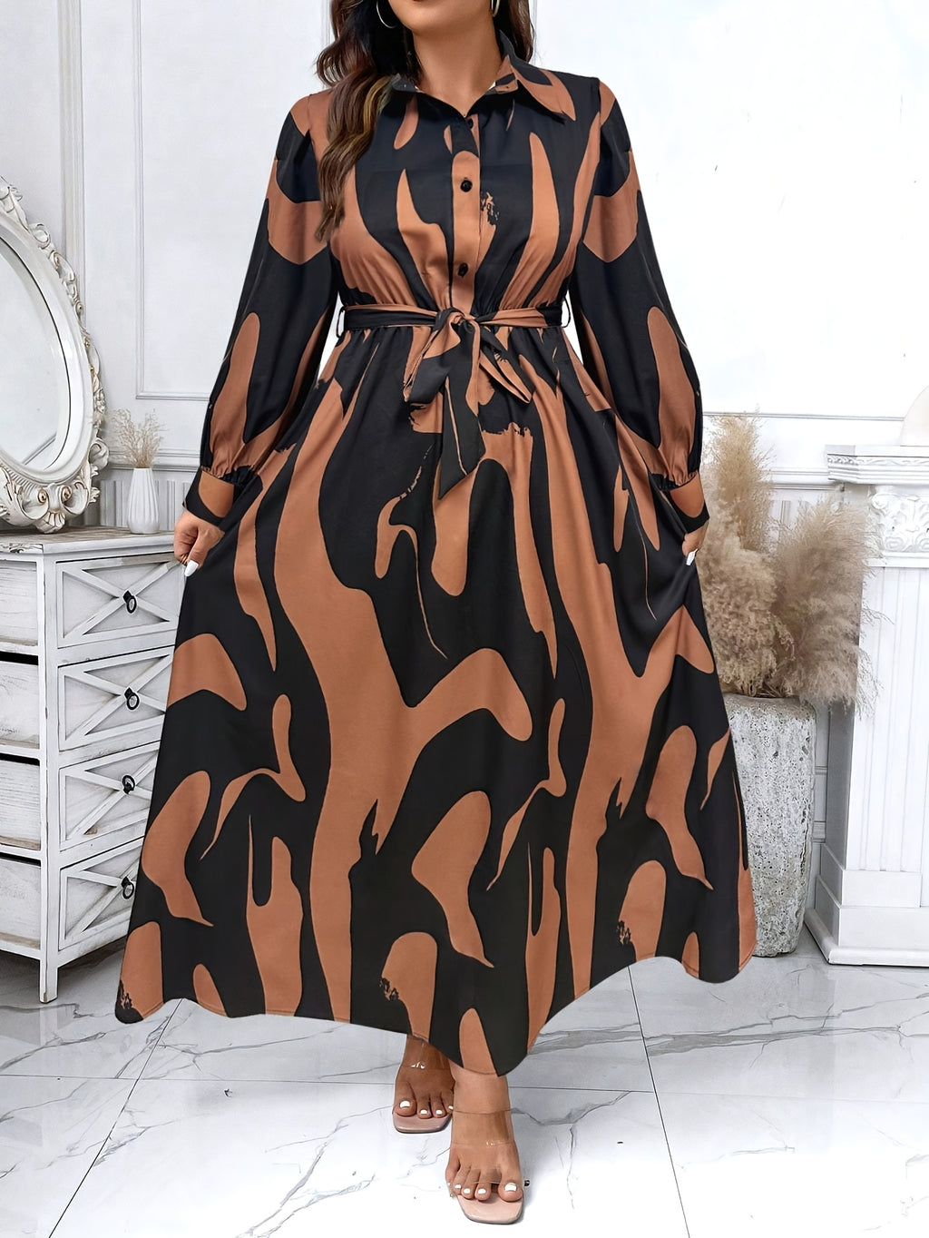 Robe chemise à manches longues pour femmes grande taille - Taille ceinturée