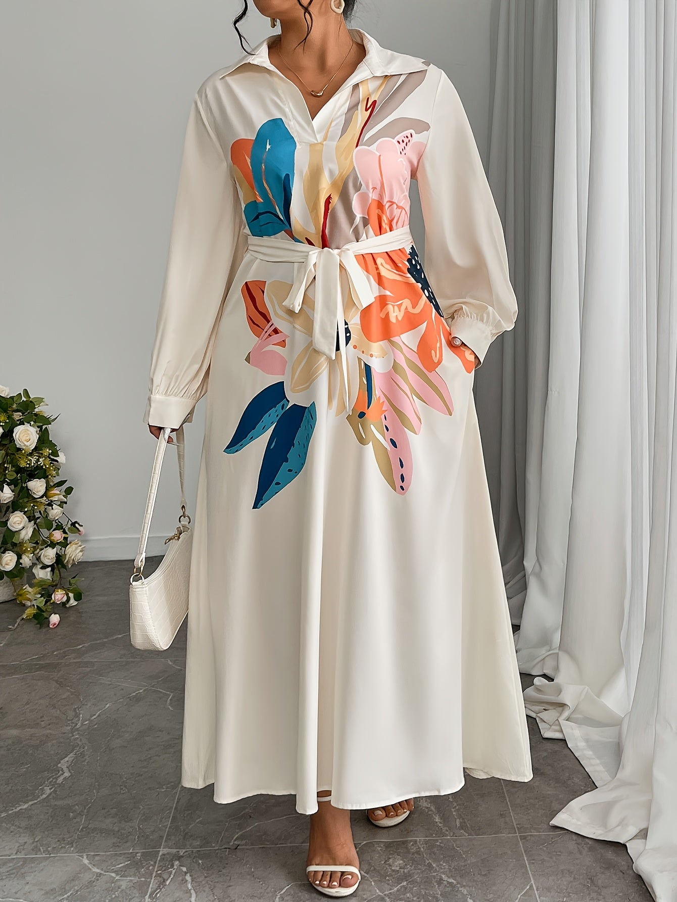 Plus Size, Plus Size Women's Elegant Floral Pattern Loose Side Pocket Maxi Dress, Spring/Autumn Long Length