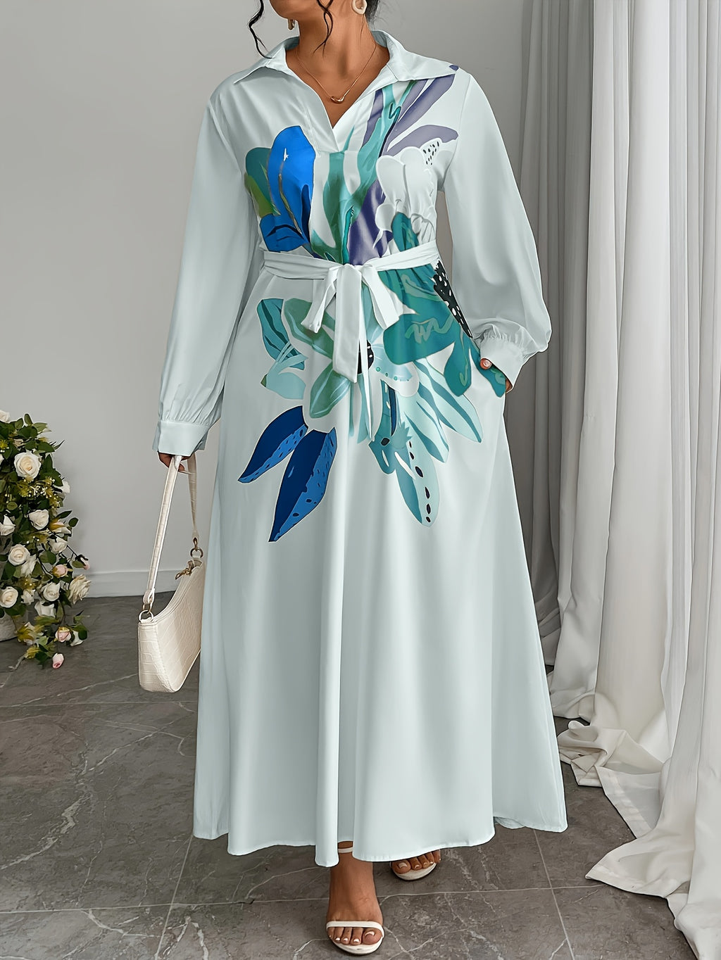 Plus Size, Plus Size Women's Elegant Floral Pattern Loose Side Pocket Maxi Dress, Spring/Autumn Long Length