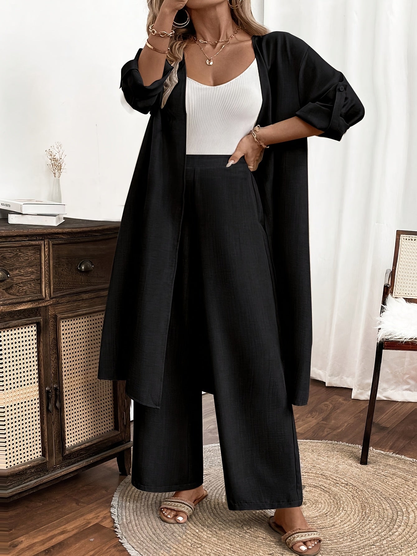 Grande Taille - Ensemble Haut + Pantalon Élégant À Manches Longues Décontracté En Deux Pièces Grande Taille Pour Femmes
