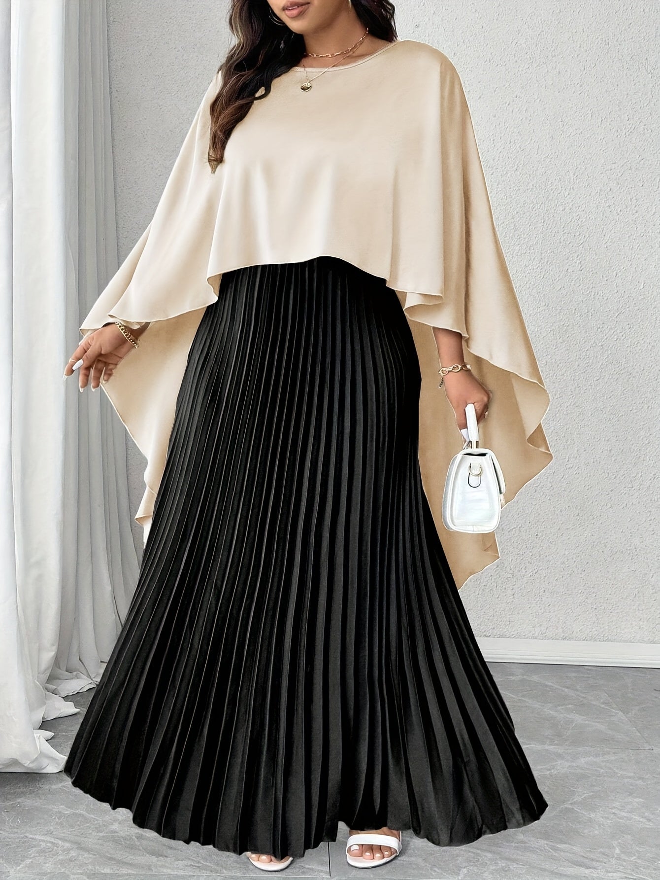 Ensemble deux pièces élégant pour femmes de grande taille, adapté au printemps et à l'été, châle en satin coloré et jupe plissée, à la mode et minceur