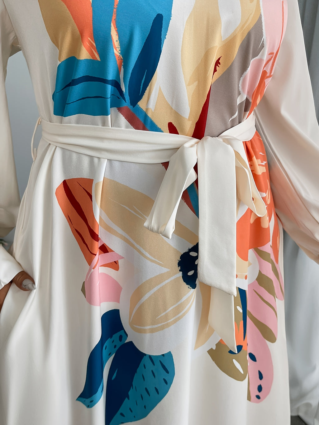 Grande taille, robe longue élégante à motif floral pour femmes, longue à poche latérale ample, printemps/automne longue longueur