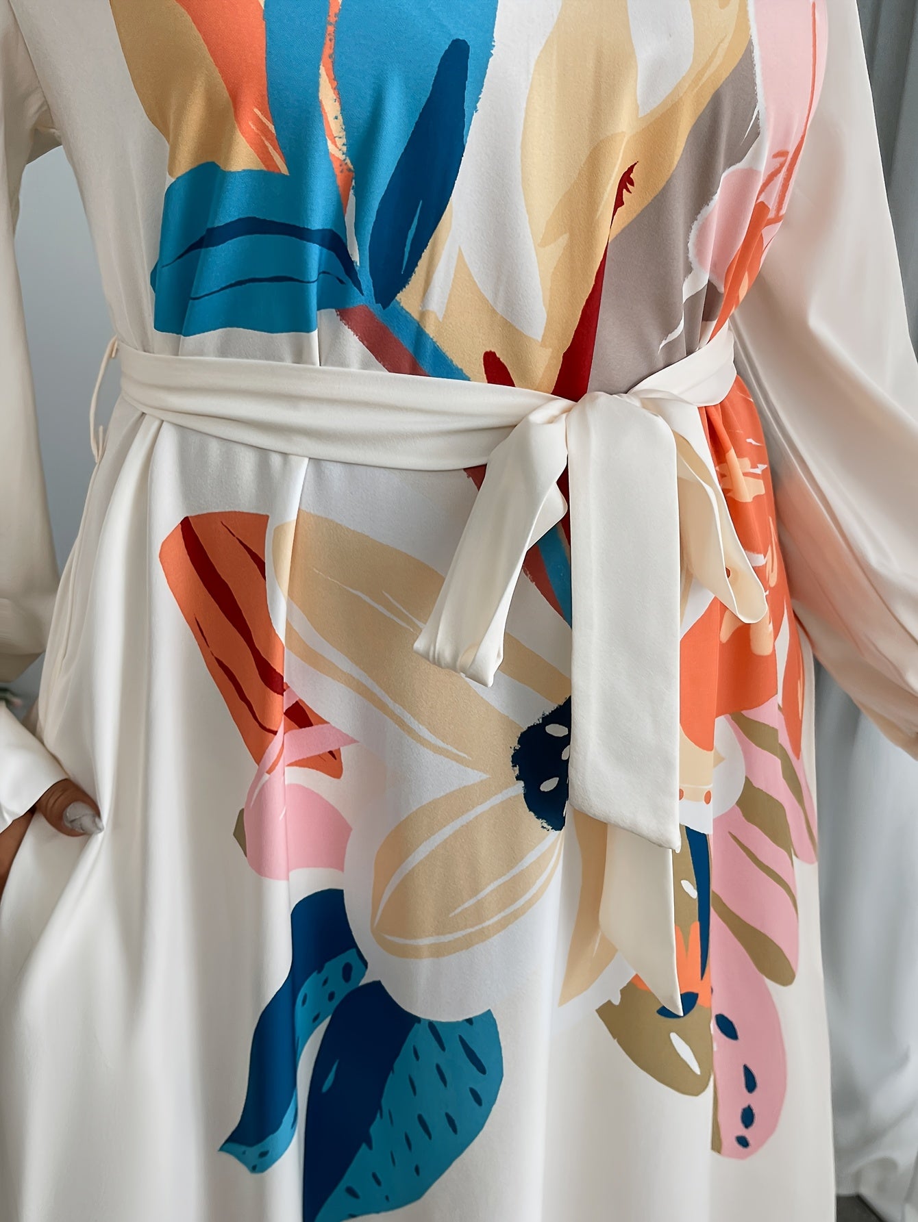 Grande taille, robe longue élégante à motif floral pour femmes, longue à poche latérale ample, printemps/automne longue longueur